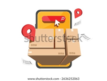 parcel or cardboard box comes out of smartphone with pin at customer location for delivery after the customer confirm order on online shopping application, vector 3d isolated for e commerce design