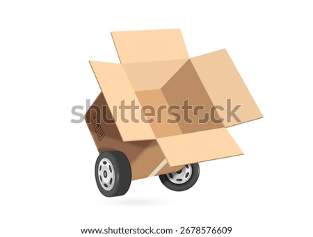 Parcel or cardboard box is opened revealing an empty box inside and a box with wheels resembling a truck for delivery, e commerce advertising design, vector 3D isolated on white background for design