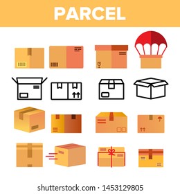 Parcel, Cardboard Boxes Vector Color Icons Set. Parcel Shipping And Delivering Linear Symbols Pack. Packages And Cargo Transportation. Post Office Delivery Isolated Flat Illustrations