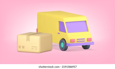 Parcel cargo truck courier delivery service realistic 3d icon vector illustration. Cardboard box postal package freight online shopping order transportation moving van automobile logistic distribution