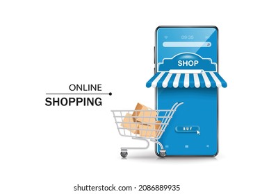 A parcel in a cart sits in front of a blue smartphone shop for delivery and online shopping concept design,vector 3d isolated on white background for advertising design