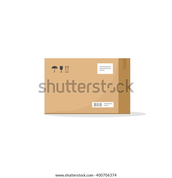 箱の容器のベクターイラスト 梱包アイコン テキストステッカー バーコード 閉じた小包箱 白い背景にパッケージ紙の箱の平らな漫画デザインを含む段ボール箱 のベクター画像素材 ロイヤリティフリー