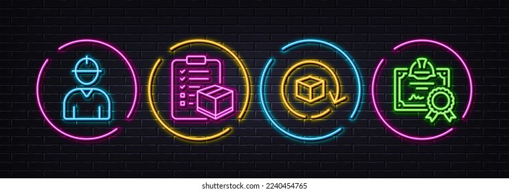 Parcel checklist, Engineer and Return package minimal line icons. Neon laser 3d lights. Certificate icons. For web, application, printing. Logistics check, Worker profile, Exchange goods. Vector