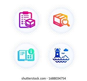 Paketcheckliste, Instruction Info und Search Paket Symbole einfache Set. Taste mit halftonischen Punkten. Schild des Leuchtturms. Logistikprüfung, Projekt-, Tracking-Dienst. Navigations-Leuchtfeuer. Vektorillustration