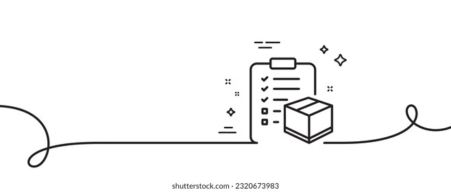 Parcel checklist line icon. Continuous one line with curl. Logistics check sign. Package control symbol. Parcel checklist single outline ribbon. Loop curve pattern. Vector