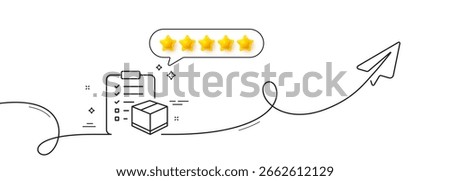 Parcel checklist line icon. Continuous line with share plane. Logistics check sign. Package control symbol. Five star rate review in speech bubble. Parcel checklist single line ribbon. Vector
