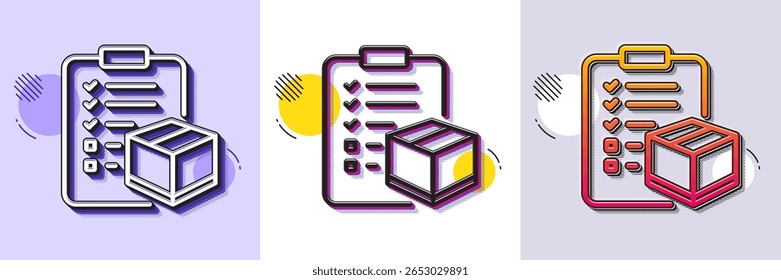 Parcel checklist line icon. Halftone dotted pattern. Gradient icon with grain shadow. Logistics check sign. Package control symbol. Line parcel checklist icon. Various designs. Vector