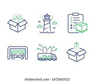 Parcel checklist, Open box and Truck delivery line icons set. Lighthouse, Parking garage and Send box signs. Logistics check, Delivery package, Logistics. Beacon tower. Transportation set. Vector