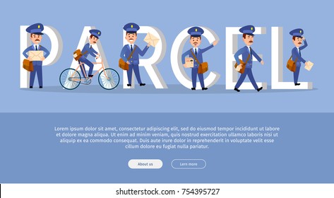 Parcel conceptual web banner with cartoon postman characters. Funny postal couriers delivering letter and parcel flat vector illustration. Horizontal concept with mailman for mail service landing page