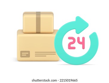 Parcel courier delivery service 24 hours always available order express shipping 3d icon vector illustration. Around the clock logistic cardboard box online shopping purchase shipment transportation