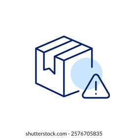 Parcel and danger alert with exclamation mark. Hazardous items, risk of damage in transit, fragile package warning. Pixel perfect, editable stroke icon