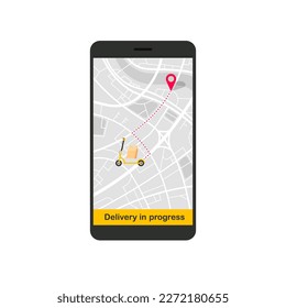 Parcel delivering service. Fast delivery by scooter on phone. Tracking the movement of the courier on a map. Vector illustration isolated on white.