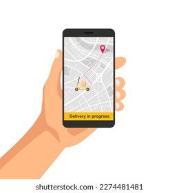 Parcel delivering service. Hand holds phone with fast delivery by scooter on screen. Tracking the movement of the courier on a map. Vector illustration.