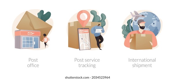 Parcel delivery abstract concept vector illustration set. Post office, post service tracking, international priority shipment, package tracking number, online shopping, mail box abstract metaphor.