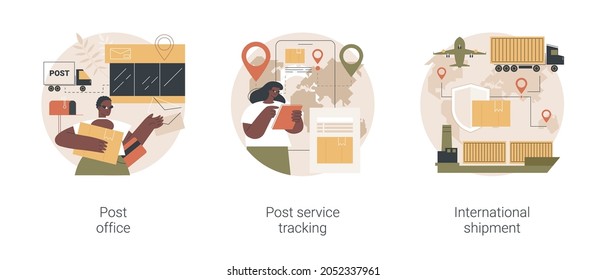 Conjunto de ilustraciones vectoriales de concepto abstracto de entrega de paquetes. Oficina de correos, seguimiento de servicios de correos, envío de prioridad internacional, número de seguimiento de paquetes, compras en línea, metáfora abstracta de buzón de correo.