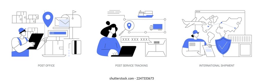 Parcel delivery abstract concept vector illustration set. Post office, post service tracking, international priority shipment, package tracking number, online shopping, mail box abstract metaphor.