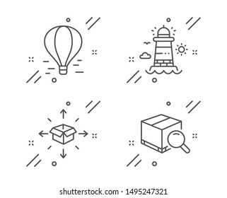 Parcel delivery, Air balloon and Lighthouse line icons set. Search package sign. Logistics service, Flight travel, Beacon tower. Tracking service. Transportation set. Vector