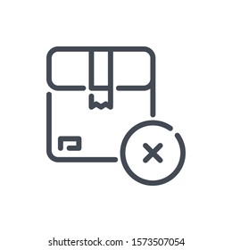 Parcel, delivery box with cancel cross line icon. Cardboard box with decline cross vector outline sign.