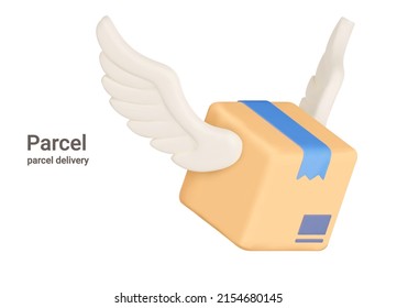Parcel. Delivery box with wings. Isolated. Fast delivery of purchases, logistics service. 3d object on a transparent background