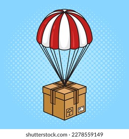 parcel delivery by parachute pinup pop art retro vector illustration. Comic book style imitation.