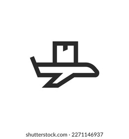 Entrega de paquetes por avión. Logística de las mercancías, icono de estilo lineal. La caja del avión. Ancho de trazo editable