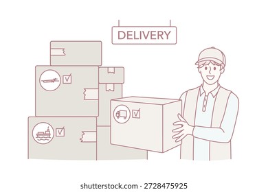 Paquete de entrega y concepto de carga. Hombre sonriente trabajador en gorra y uniforme de pie con montón de cajas de paquetes transporte de entrega que lleva a la Ilustración vectorial del Cliente