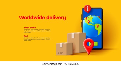 Parcel delivery. Carton boxes with smartphone and globe with tracking shipment info