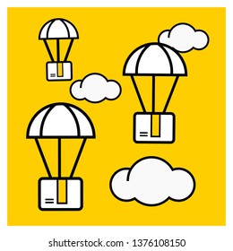 Parcel delivery concept. Box package are flying on parachutes. Online shopping. Icon vector illustration 
