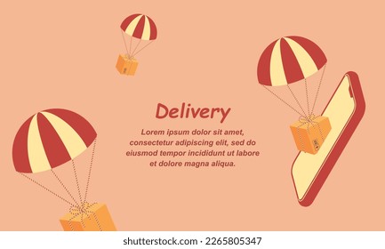 Entrega de paquetes. Concepto de servicio de entrega rápida. Entrega de pedidos en línea en el móvil. Concepto de compras en línea. Aplicación móvil de entrega. Tienda en línea a través de banner web móvil.