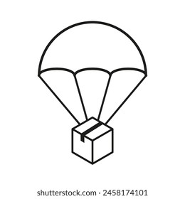 Parcel delivery concept. Vector parachute package. Airborne cargo transport. Simple drop icon.