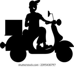 Parcel delivery. A courier in a blue T-shirt delivers a package on a moped. Business, courier, buyer. Illustration on a transparent background. Cartoon. Silhouette