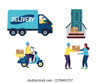 parcel delivery courier giving parcel to customer courier waiting with customer sheet parcel under door