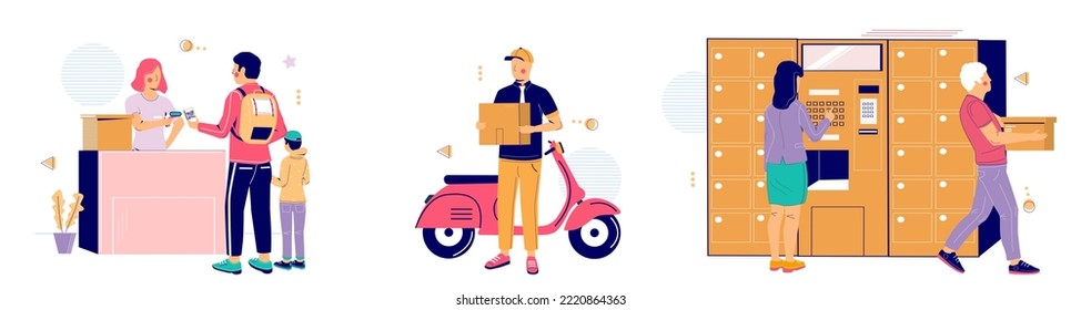 Ilustración aislada del vector de entrega de paquetes y servicio postal de mensajería. Ilustración del envío de la caja de envío de correo y carga. Entrega de pedidos en línea. Concepto de distribución y logística