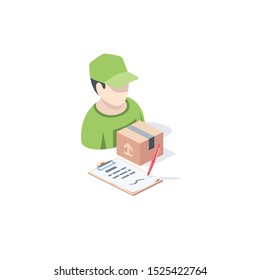 Parcel delivery courier. Vector 3d isometric, color web icon, new flat style. Creative illustration design, idea for infographics.