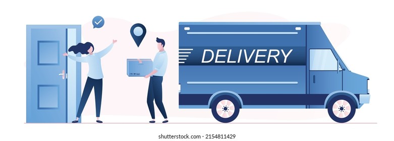 Parcel Delivery To The Customer's Door. Happy Woman Customer Meets Courier With Package. Modern Delivery Truck. Fast Delivery Service. Logistics, Shipment Concept. Flat Vector Illustration