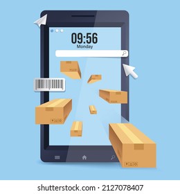 Parcel delivery. Fast delivery service. Check parcels via mobile. Floating box from mobile. Application parcel delivery.