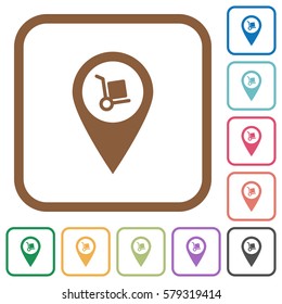 Parcel delivery GPS map location simple icons in color rounded square frames on white background