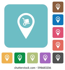 Parcel delivery GPS map location white flat icons on color rounded square backgrounds