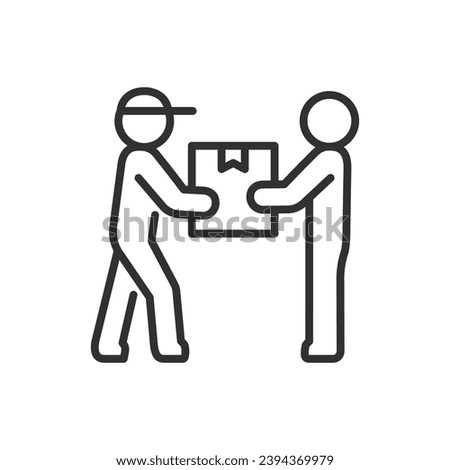 Parcel delivery in hand, linear icon. Courier gives the parcel to a person. Line with editable stroke