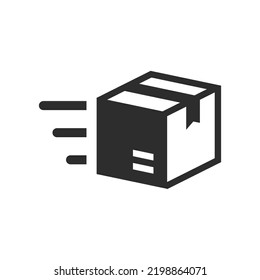 Icono de entrega de paquetes. La caja está volando. Símbolo blanco y negro monocromo