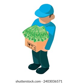 Parcel delivery icon isometric vector. Human with postal parcel and dollar bill. Postal delivery service