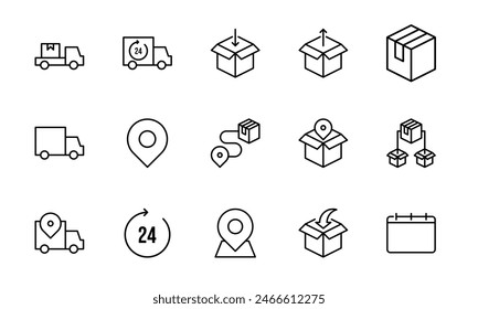 Conjunto de iconos de entrega de paquetes. Conteniendo paquete, cajas de entrega, carga, caja, distribución de carga, envío de mercancías, paquete abierto. Colección de iconos finos. Ilustración vectorial.