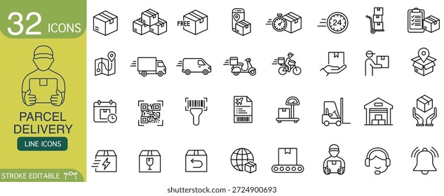 El conjunto de iconos de entrega de paquetes muestra Elementos de envío y logística. Símbolos eficientes de mensajería y transporte como caja y camión para aplicaciones de servicio confiables