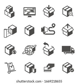 Parcel delivery icon or symbol set. Collection of pictograms - express shipping of goods, box packaging, order tracking, package protection, courier service. Modern monochrome vector illustration.