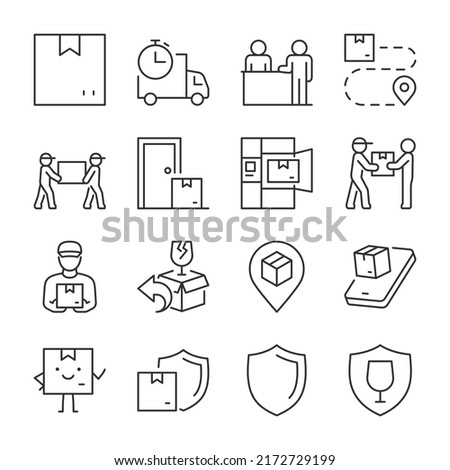 Parcel delivery icons set. Delivery of goods or parcels to the customer, Delivery to the door, pickup, post office. Courier Service. The box with the parcel, linear icon. Line with editable stroke