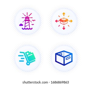Parcel delivery, Lighthouse and Push cart icons simple set. Button with halftone dots. Office box sign. Logistics service, Navigation beacon, Express delivery. Industrial set. Vector