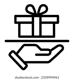 Parcel delivery line icon, delivery symbol, gift box with ribbon on hand vector sign on white background, holding cardboard packaging icon in outline style mobile and web. Vector graphics
