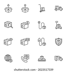 Parcel delivery line icons set, outline vector symbol collection, linear style pictogram pack. Signs logo illustration. Set includes icons as cargo logistics, delivery service, export boxes, insurance