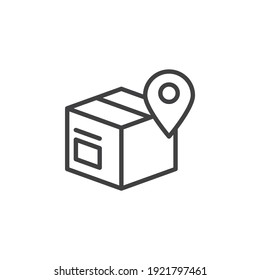 Parcel delivery location line icon. Box and map pin linear style sign for mobile concept and web design. Cargo logistics address outline vector icon. Symbol, logo illustration. Vector graphics