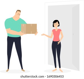 Paketlieferant übergibt Packkarton an eine Frau. Vektorillustration.
